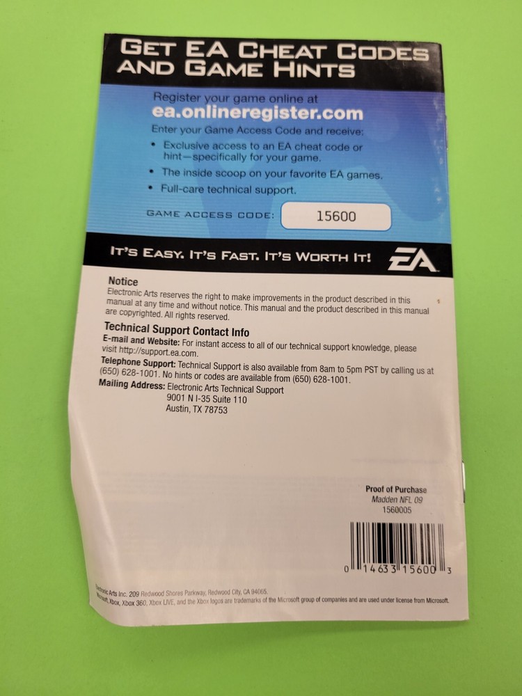 Madden NFL 09 (Microsoft Xbox 360, 2008) Manual Only