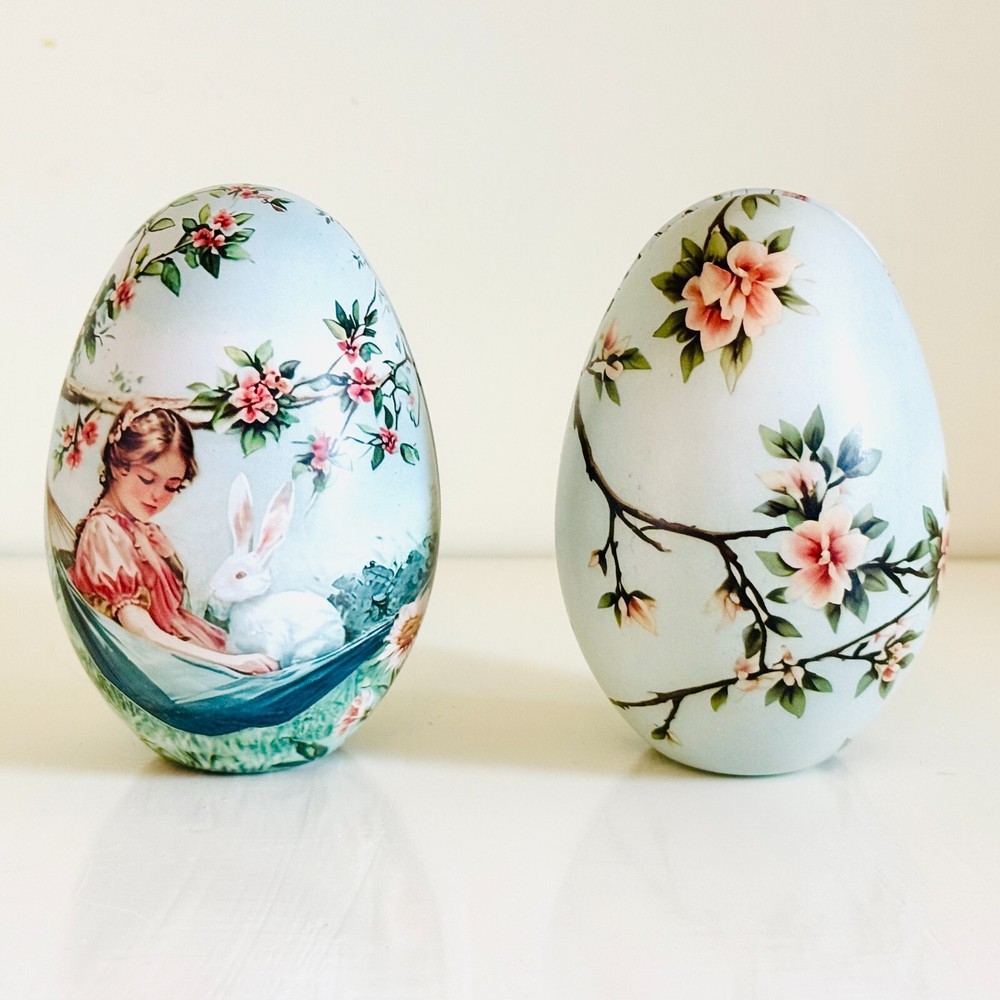 FIVE Easter Egg Tins. 5 Fillable Lithographed Metal Vintage Easter Eggs