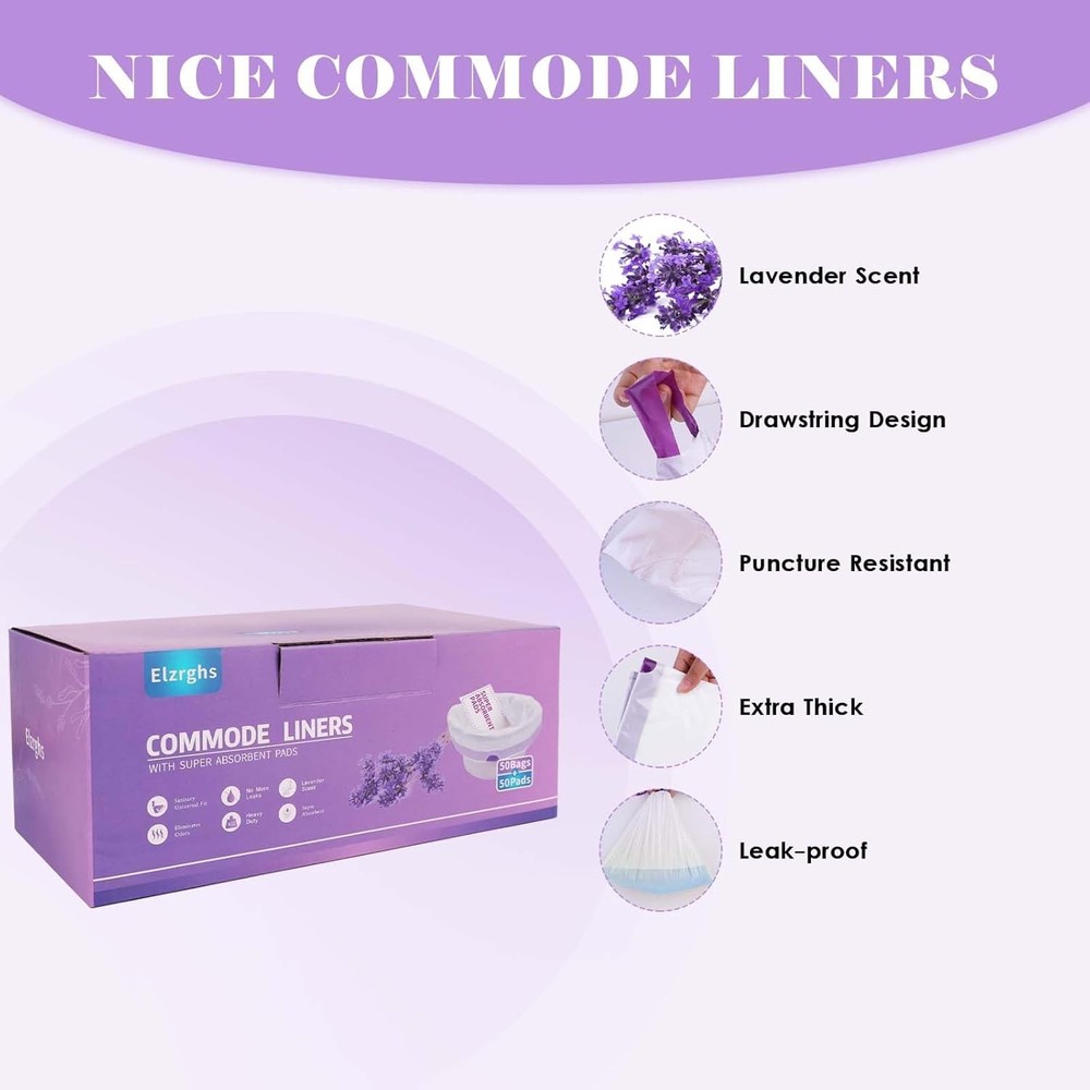 Commode Liners with Absorbent Pads for Bedside Commode, 50Bags+50Pads