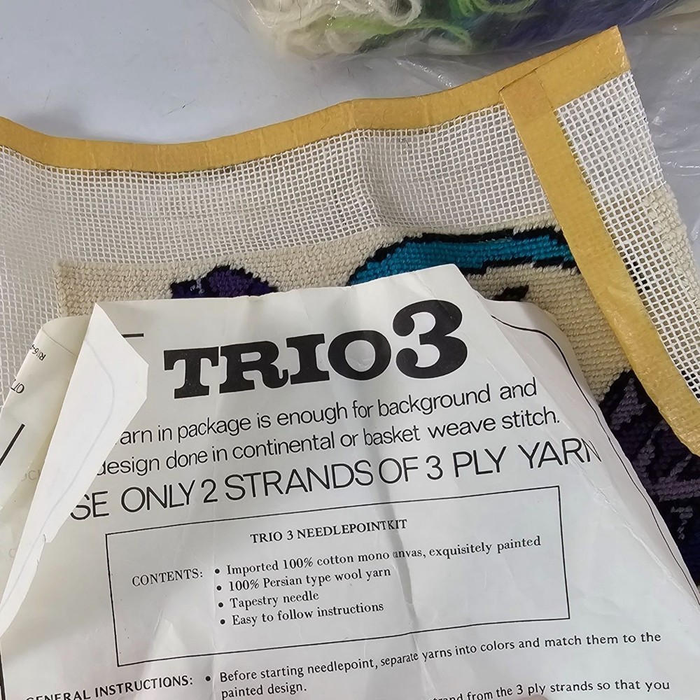 Iris Needlepoint Kit Trio3 Finished Extra Yarn & Canvas