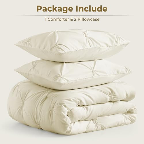 King Size Comforter Set Cream, 3 Pieces Bed Lightweight Solid Bedding