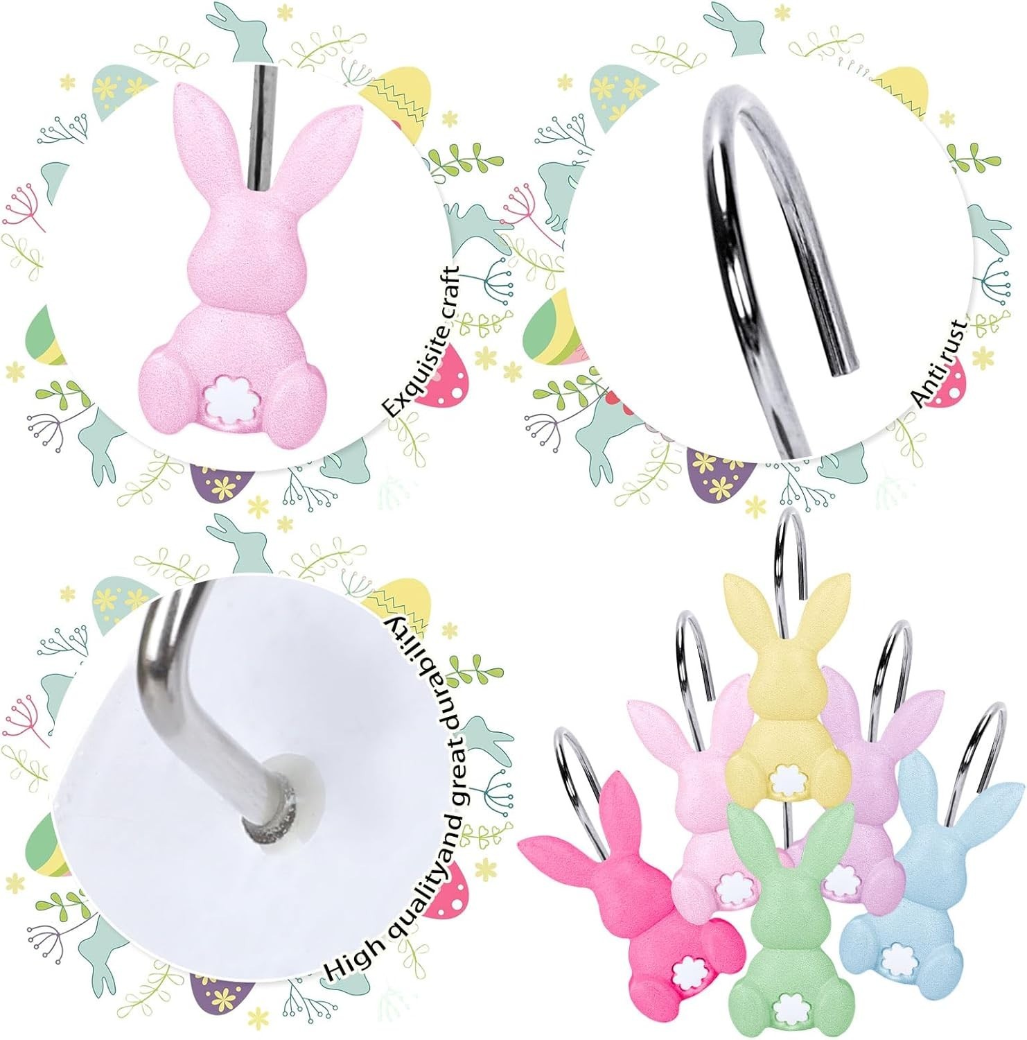 12Pcs Easter Rabbit Shower Curtain Hooks Bunny Curtain Rod Rings Spring Resin Cu