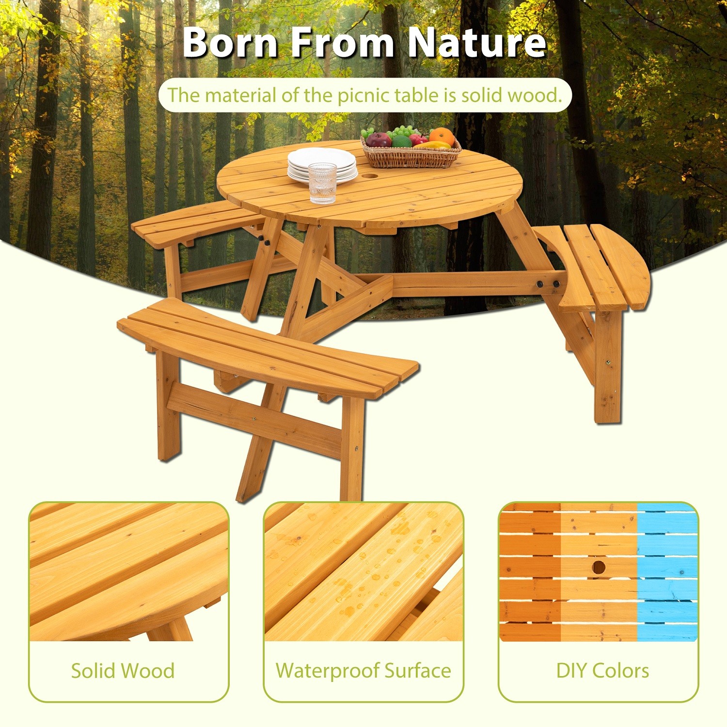 6-Person Circular Outdoor Wooden Picnic Table with 3 Built-in Benches for Patio