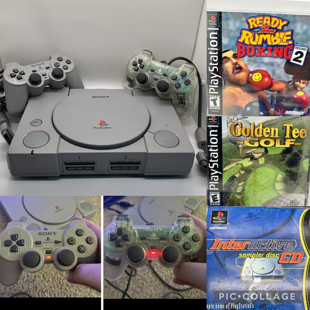 Sony PS1 Console SCPH-9001, 2 Controllers, Ready 2 Rumble Golden Tee Golf TESTED