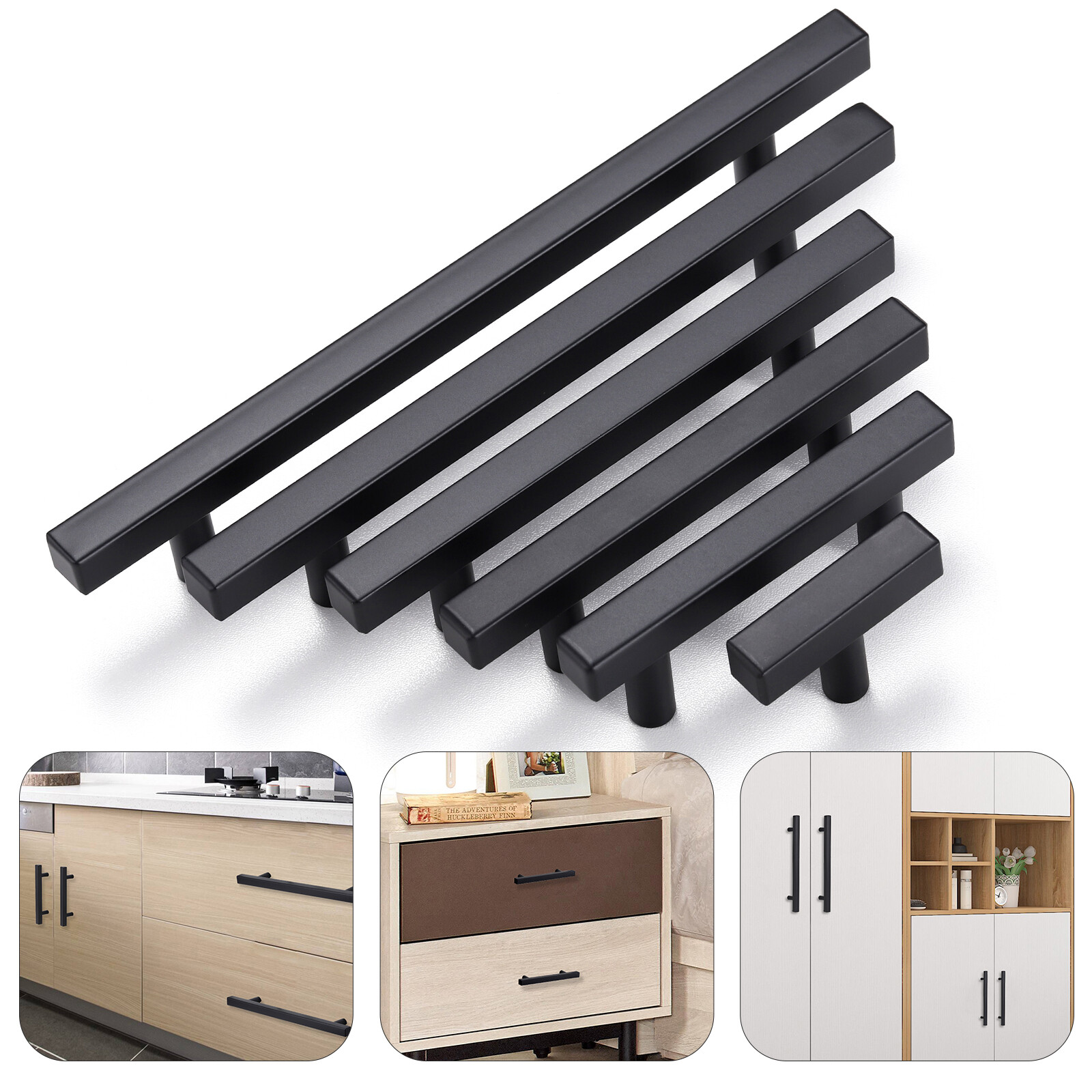 30Pack Matte Black Kitchen Cabinet Pulls Stainless Steel Drawer T Bar Handles US