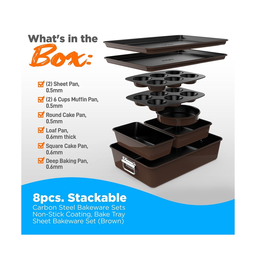 8-Piece Nonstick Stackable Bakeware Set - PFOA, PFOS, PTFE Free Baking Tray S...