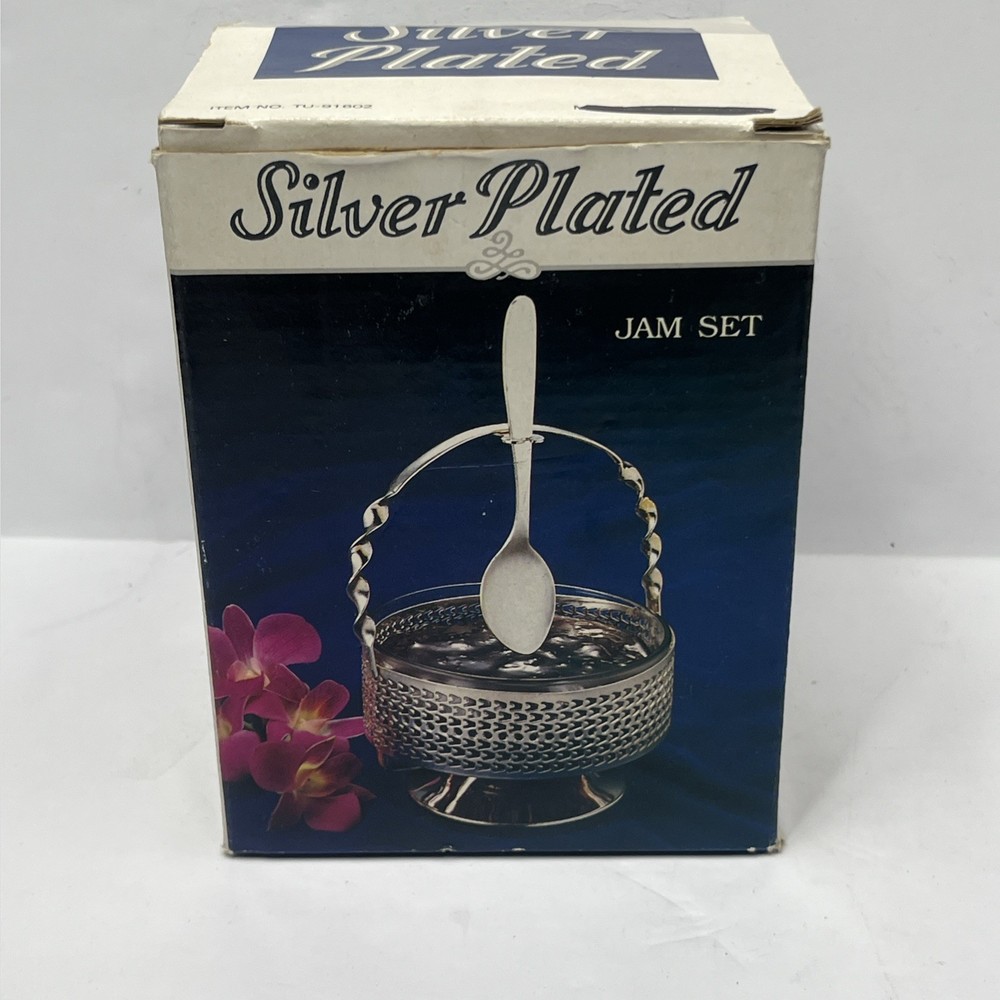 Silve Plated Jam Set Glass Insert and Spoon Open Box