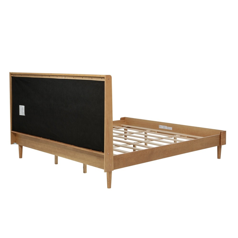 Queen/King Size Solid Wood Platform Bed Frame w/ Upholstered Headboard Wheat
