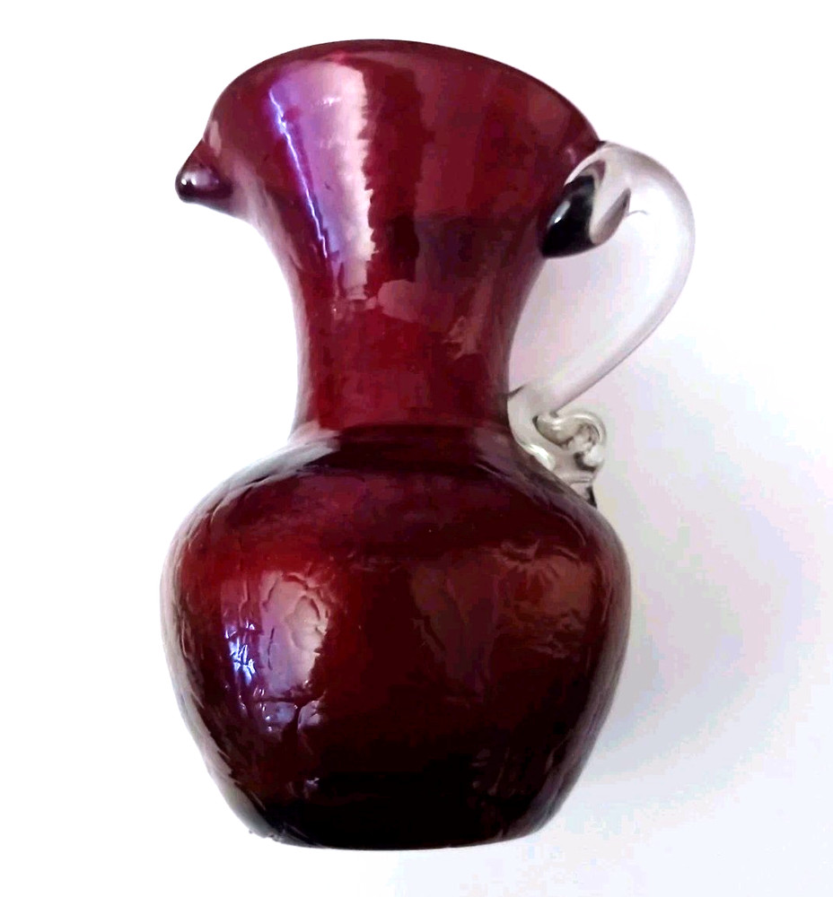 Ruby Glass Pitcher Clear Handle Handblown Textured Surface 5"