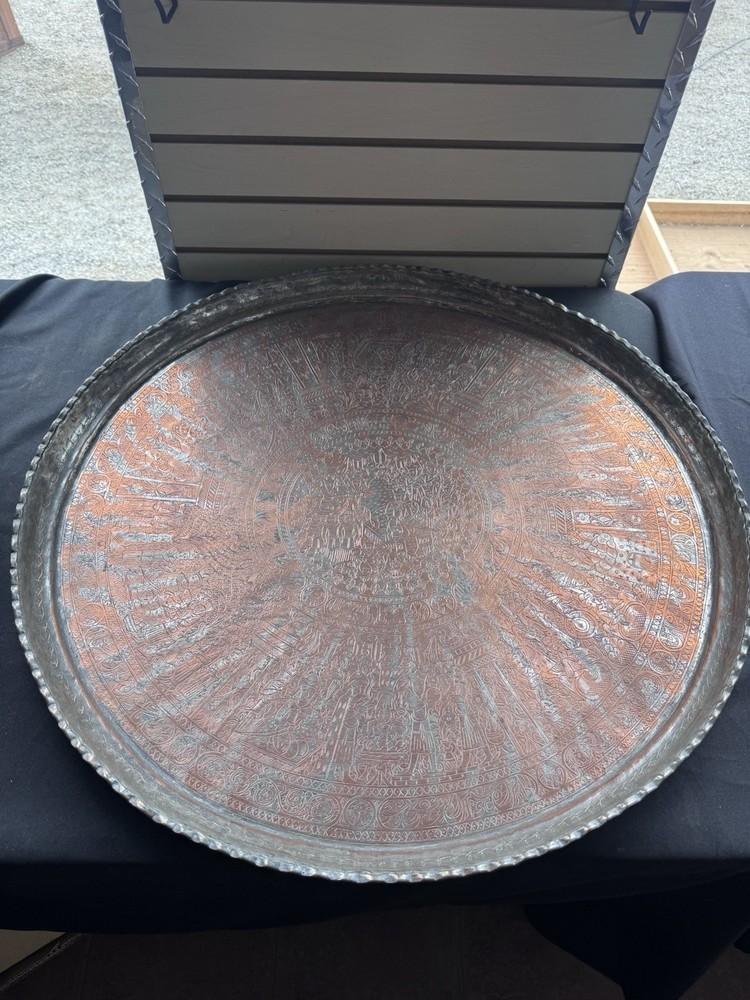 Vintage Islamic Middle Eastern Hammered Copper Platter Large 30”