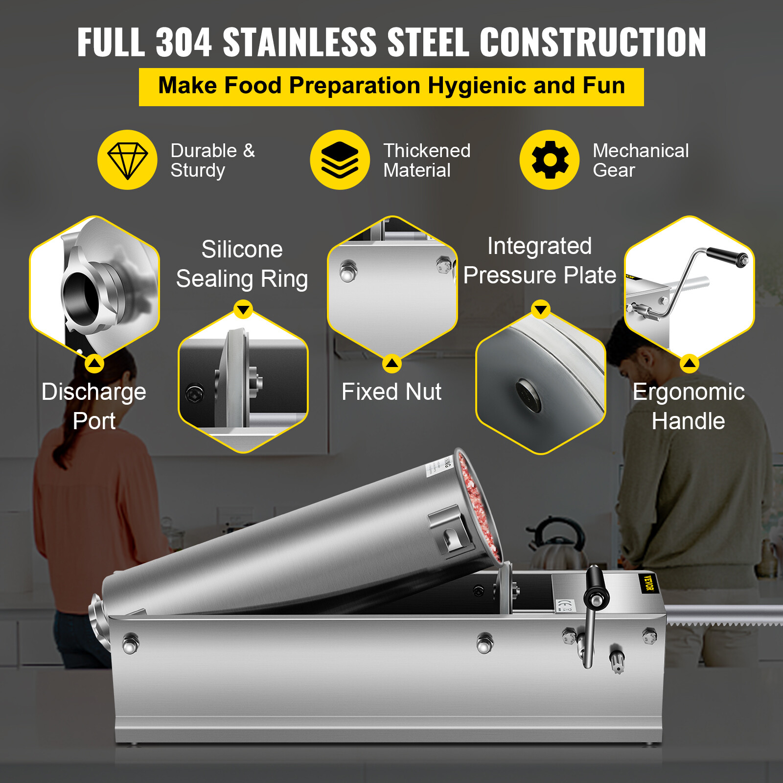 VEVOR 7L Sausage Stuffer Manual Stainless Steel Horizontal Sausage Filler 15LBS