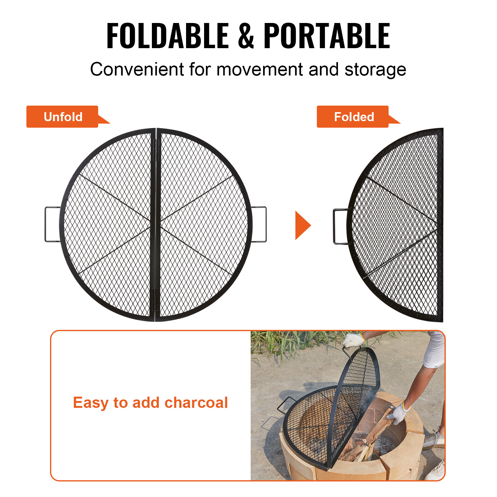 VEVOR 36" Foldable Round Cooking Fire Pit Grill Grate X-Marks Heavy-Duty Steel
