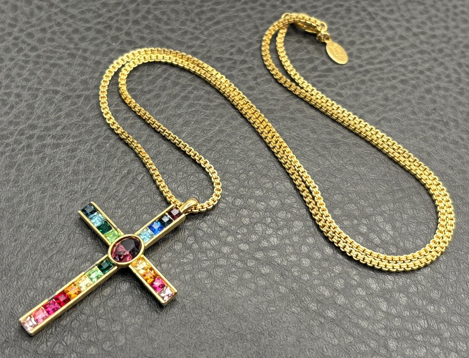 Nolan Miller Signed Gold Tone Chain Necklace PSCO 80s Rhinestone Crystal Cross