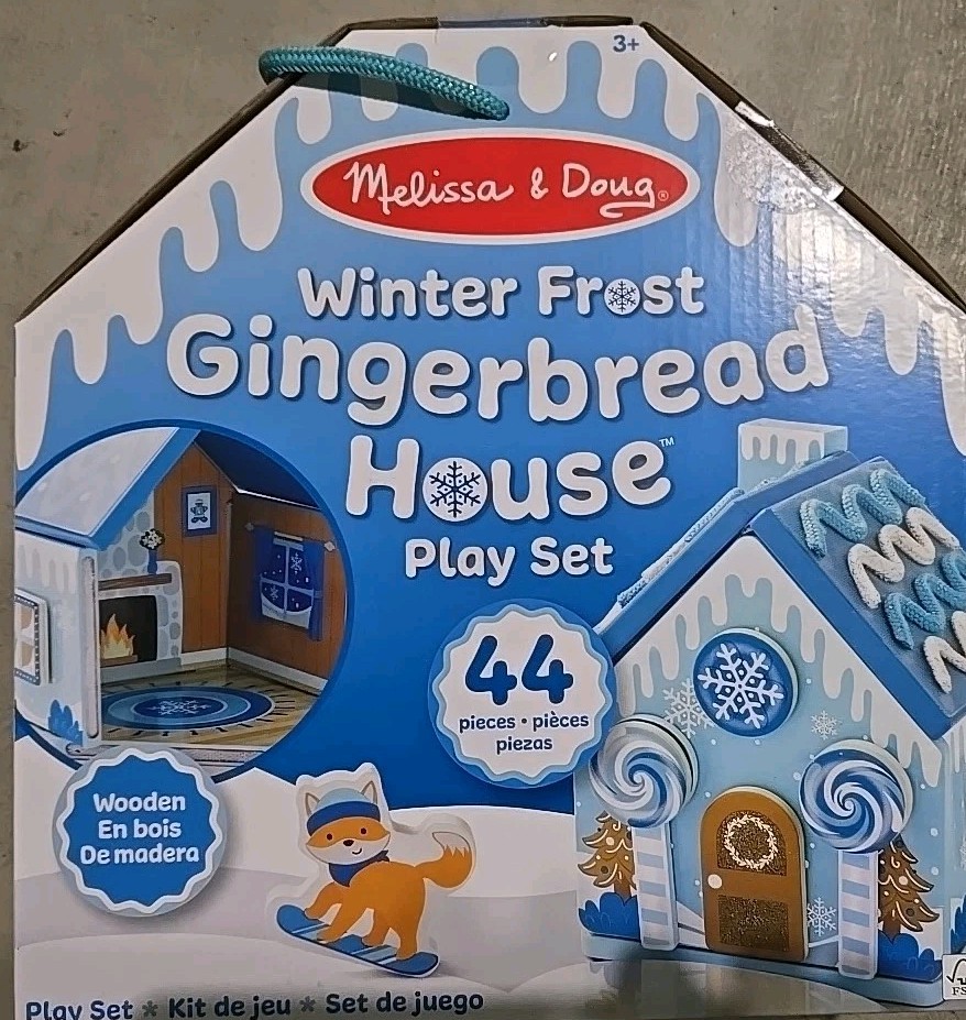 Melissa & Doug Wooden Gingerbread House Play Set Winter Frost BLUE 44pc