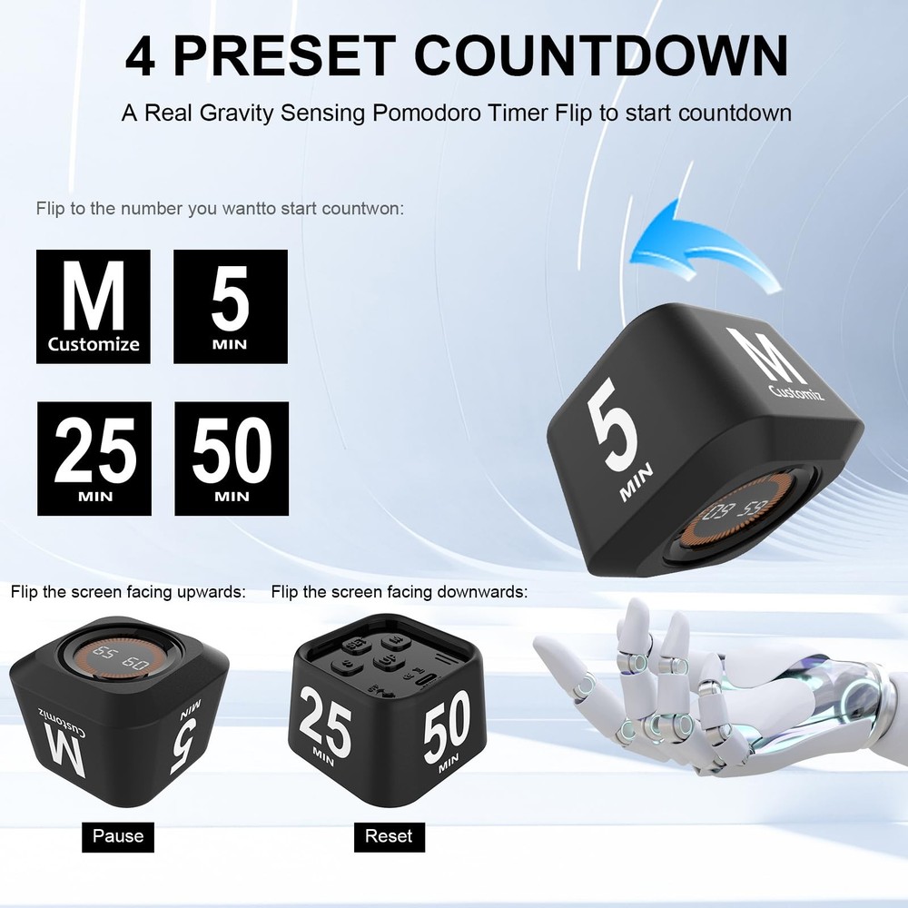 MOSTRUST Rotating Cube Pomodoro Timer 5, 25, 10, 50 Min Preset + Custom Count...