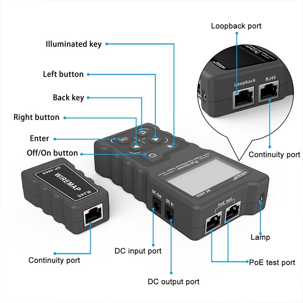 NF-488 LCD Network PoE Checker Ethernet Cable Tester Cat5/6 LAN Loop Test Tool