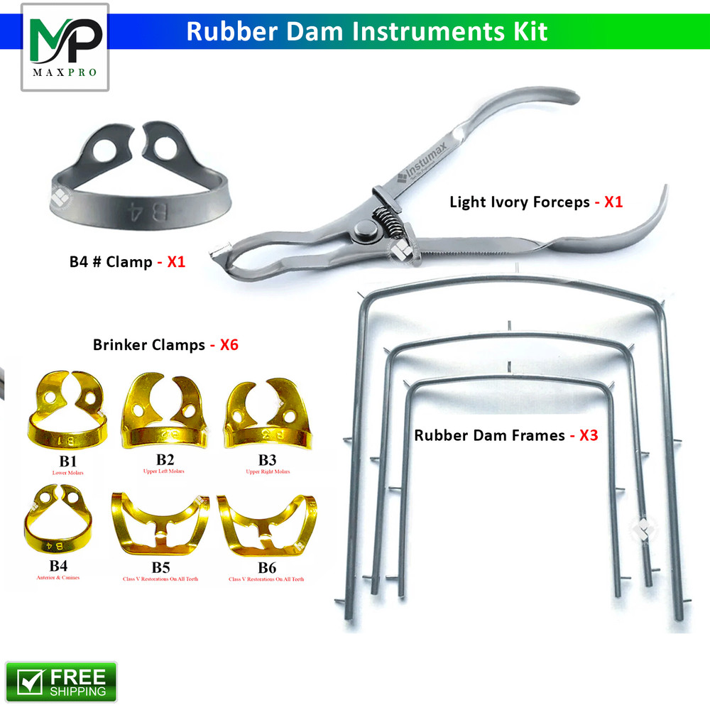 Rubber Dam Starter Set Kit WIth Golden Brinker Clamps Ivory Forceps Frames Setup