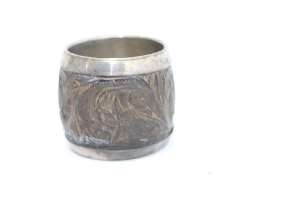 Antique Carved Treen and solid silver napkin ring