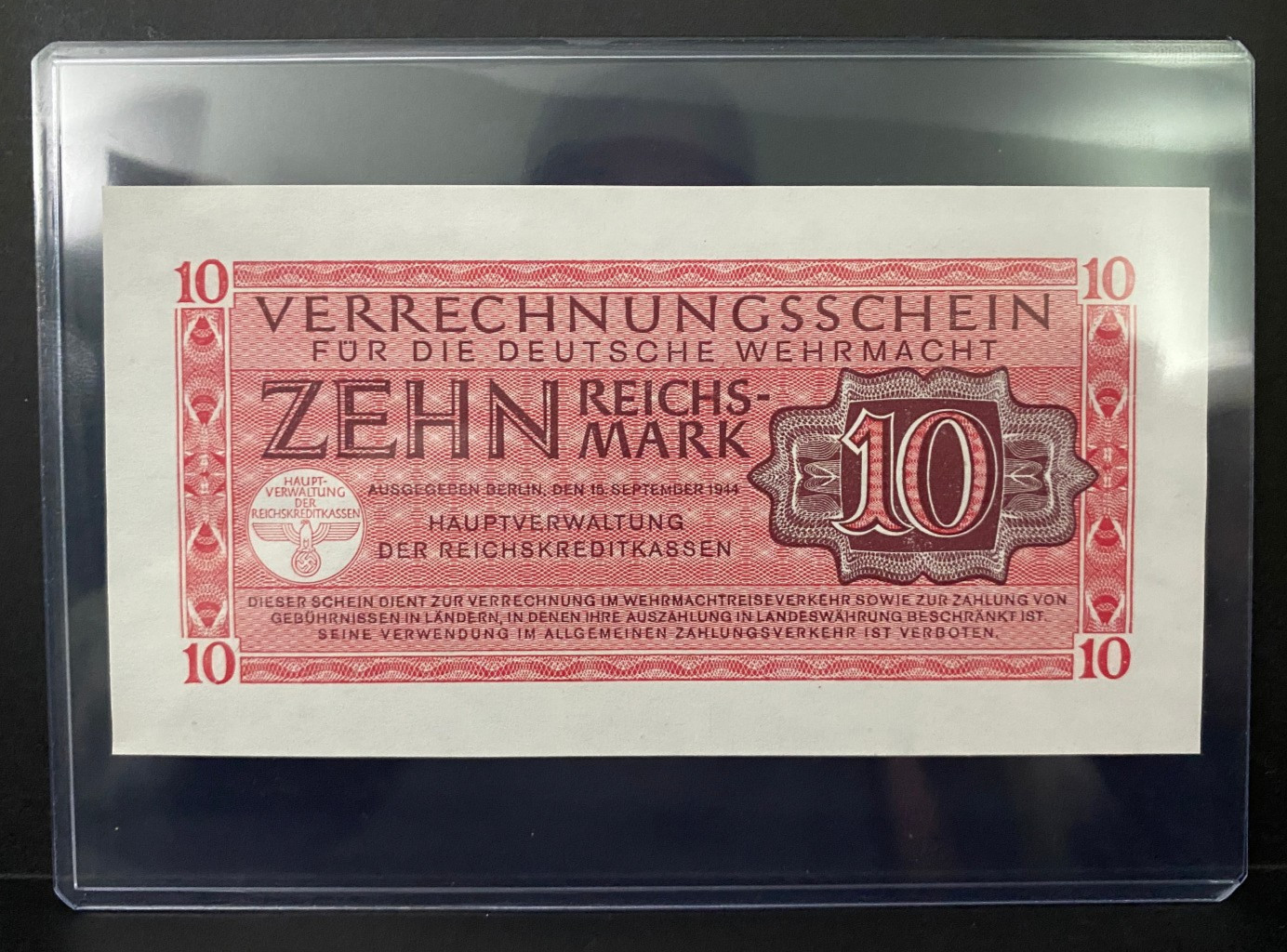 Germany WWII Era Third Reich Nazi Wehrmacht 10 Reichsmark 1944 UNC Military Note