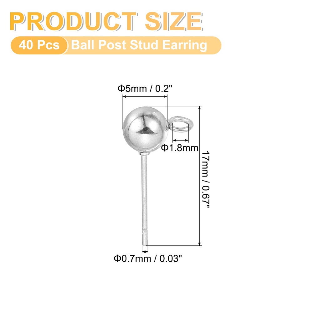 40Pcs Ball Post Stud Earrings, 17x5mm Round Ear Pin with Horizontal Loop, Silver