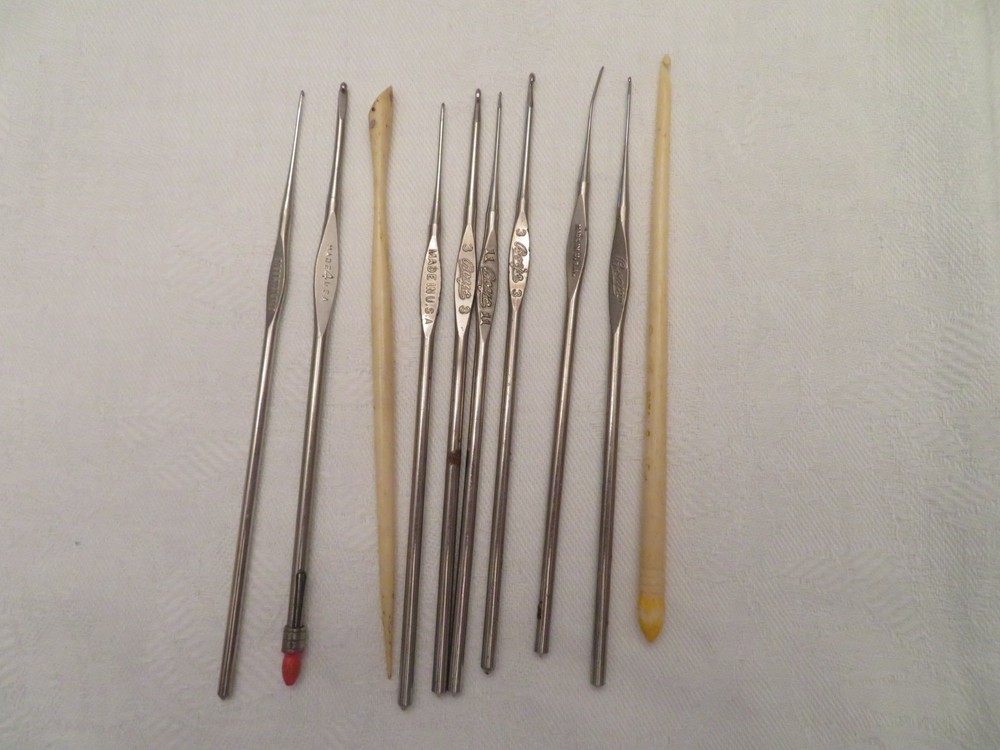 Two Bone/Plastic Crochet/Knitting Needle Hooks & 8 metal Crochet Hooks