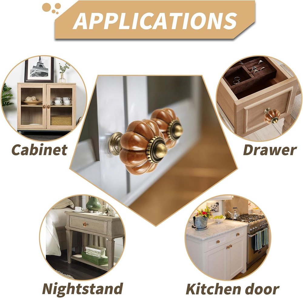 Earthy Yellow Pumpkin Knobs 6 Pack Ceramic Cabinet Knobs Vintage Drawer Pulls -