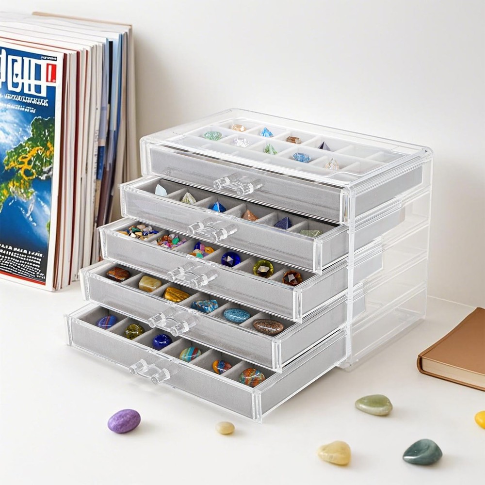 Jucoan Clear Acrylic Rock Display Case, 5 Layer 90 Grids
