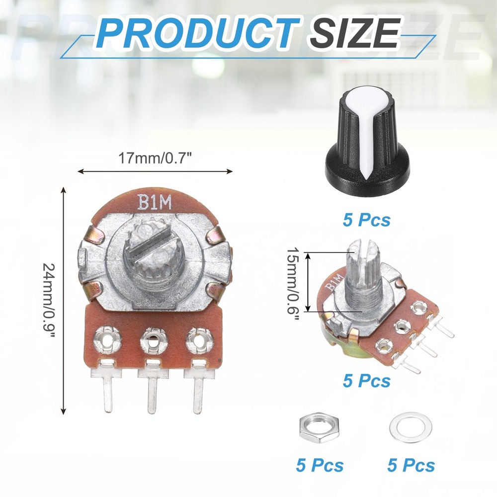 5Pcs WH-148 Potentiometer 3Pins B1M±30% Ohm Variable Resistor with 5 Knobs