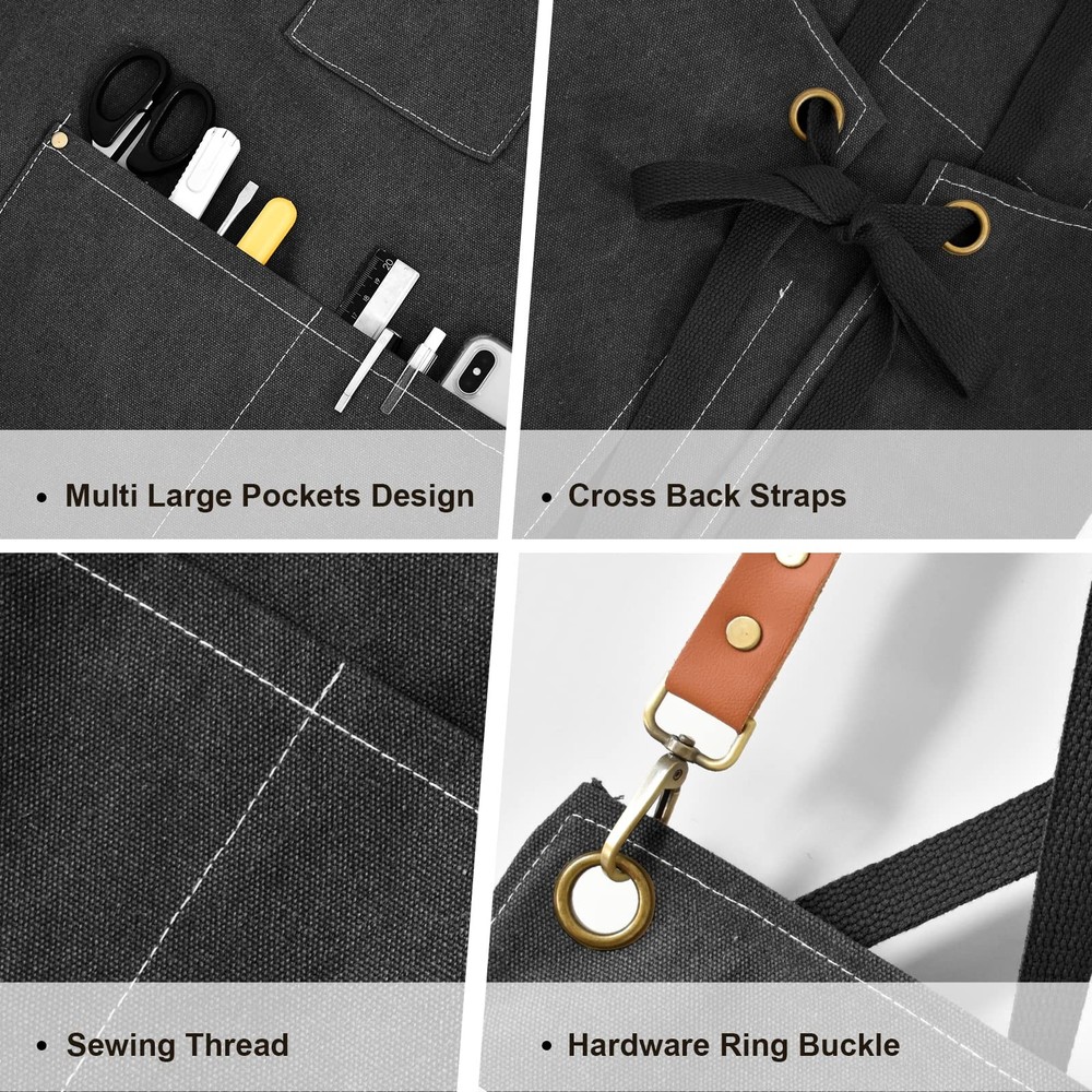 Chef Apron With Pockets, Cross Back Support, Durable Canvas, Black