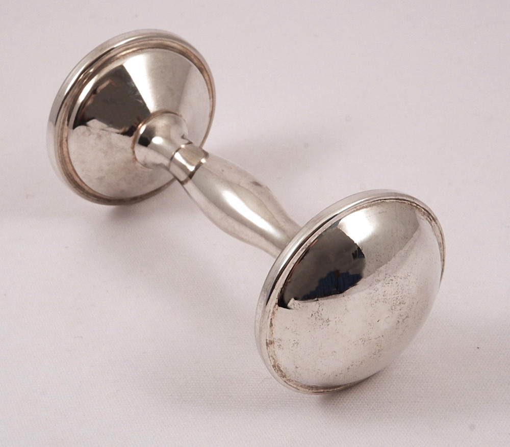 Beautiful Vintage Silver Plate Baby Rattle 4” Barbell Style