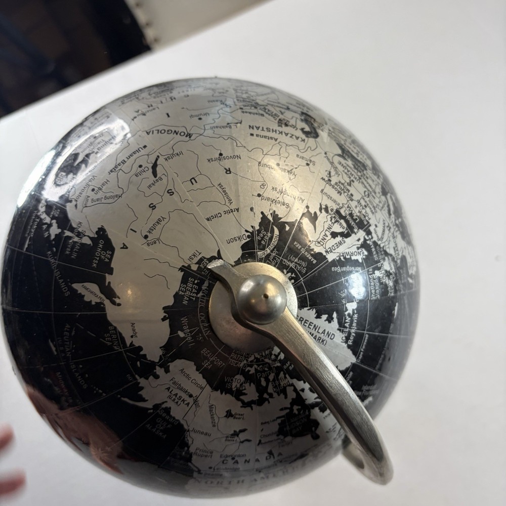 Black Silver Chrome Desktop Globe Decor 12.5" With Clear Stand
