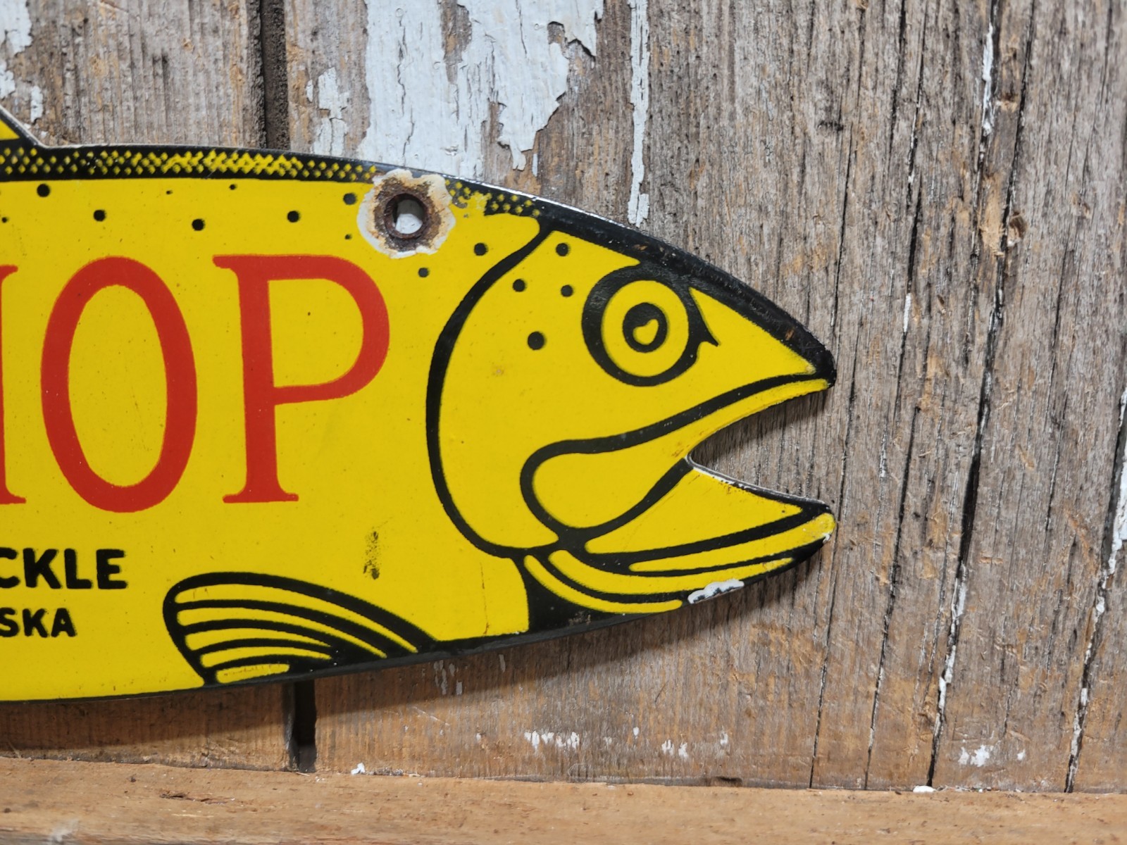 VINTAGE FISH PORCELAIN SIGN OLD FLY SHOP FARLOWS TACKLE KETCHIKAN ALASKA SALMON