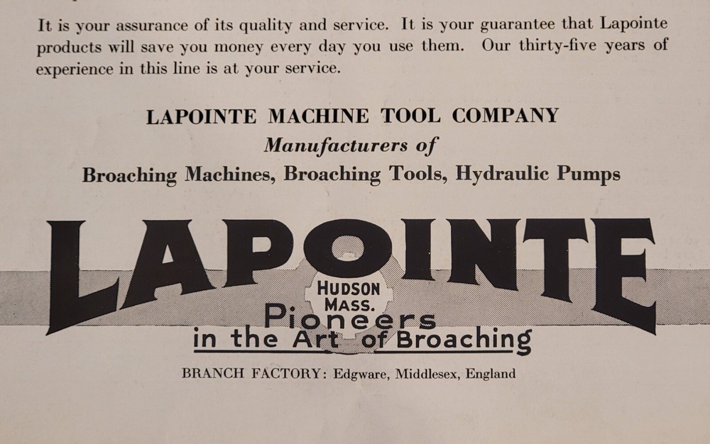 LAPOINTE Variable Speed Hydraulic Broaching Machine Sales Brochure