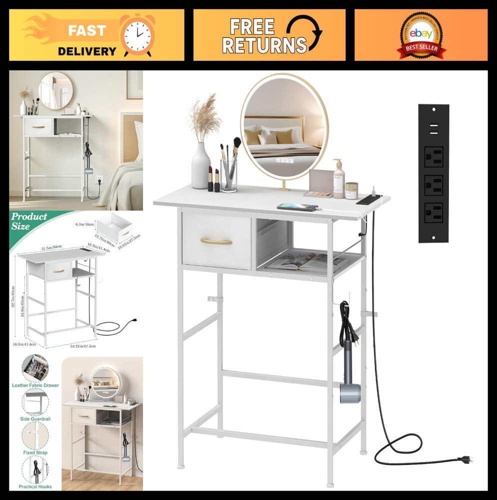 Compact Makeup Desk with Charging Station, Small Vanity Table & Drawer, White