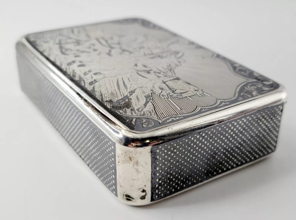 1874 IMPERIAL RUSSIAN NIELLO SOLID SILVER CIGARETTE CASE 84 WITH TROIKA SCENE