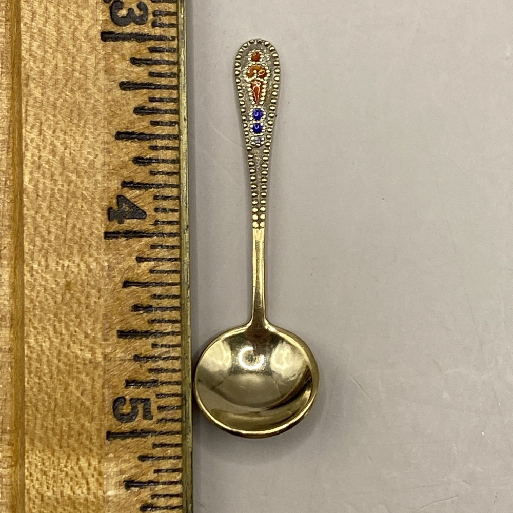 Soviet c.1908 Russian Enamel Silver Salt Spoon Marked 875 3rd Artel Workshop