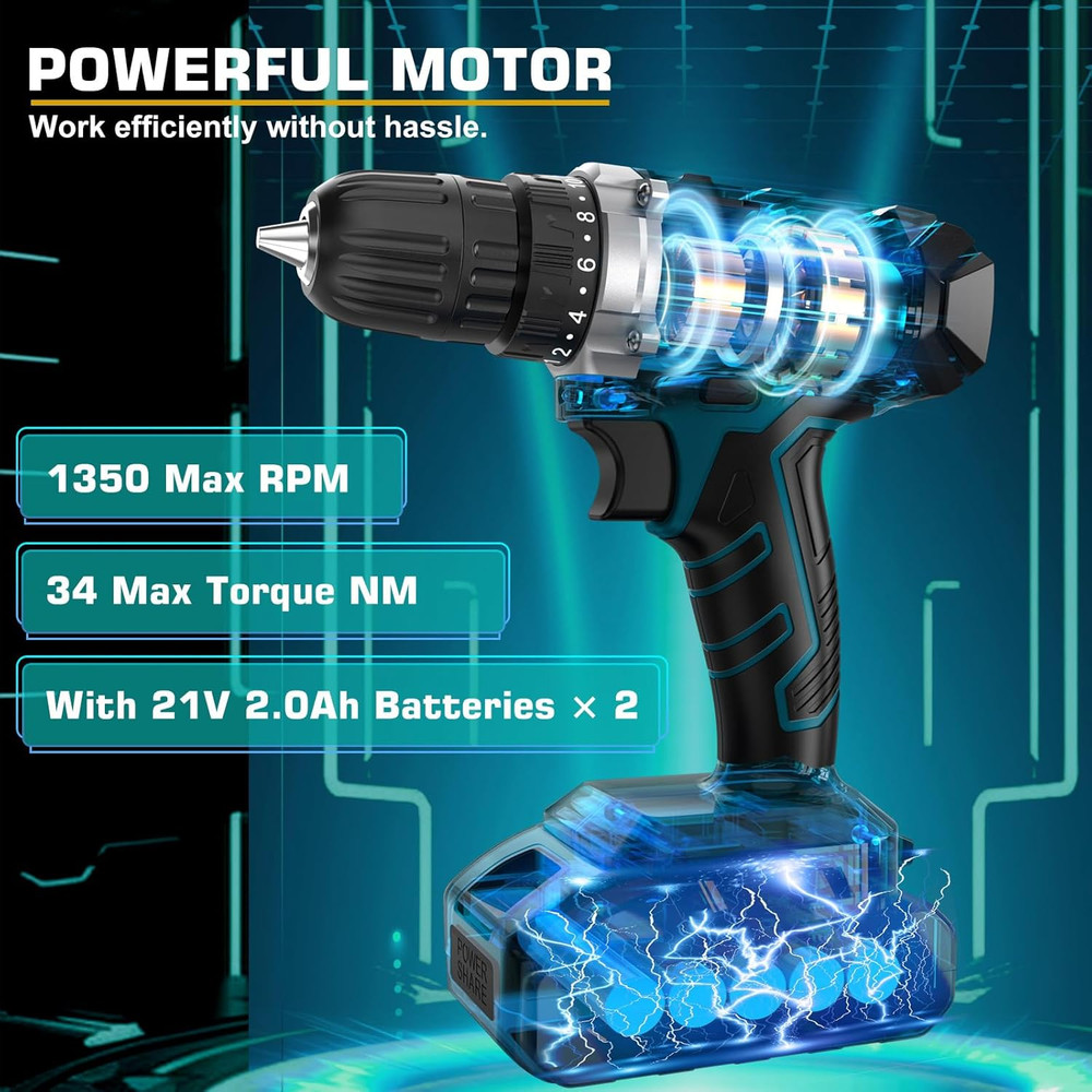 Tool Kit with 21V Cordless Drill - 255-Pcs Portable Complete General Basic Home