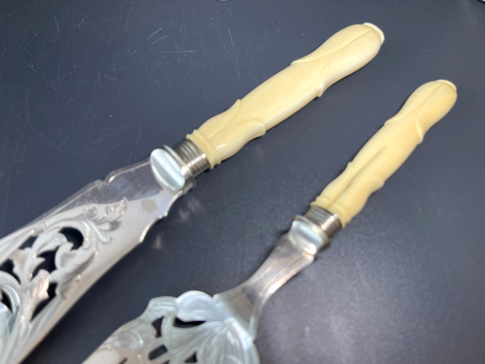 Antique Victorian Silver Plate Serving Fish Knife & Fork Set