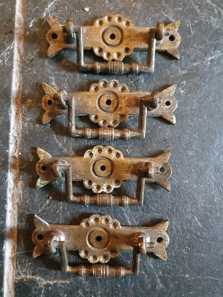 4 Antique Arts & Crafts solid brass pull Handles 8.5cms wide Aesthetic Original