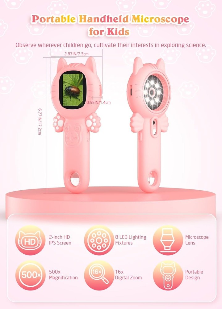 2-in-1 Microscope Camera for Kids, Mini Handheld Microscope Supporting (Pink)
