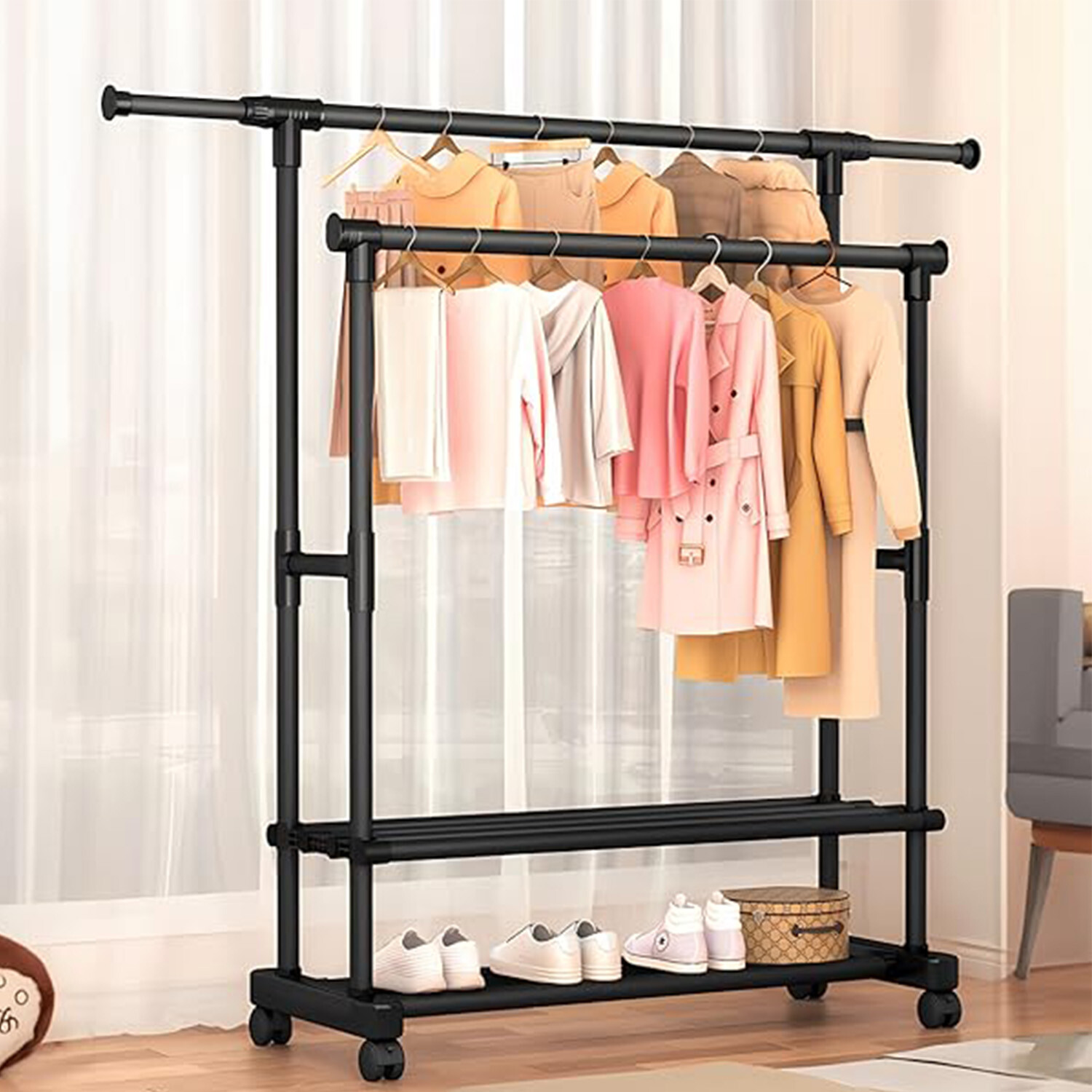 Heavy Duty Clothing Garment Rack Rolling Clothes Organizer Double Rails Hanging
