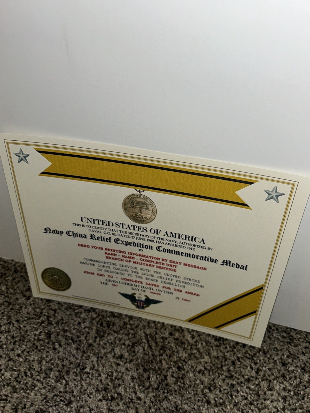 NAVY CHINA RELIEF EXPEDITION COMMEMORATIVE MEDAL CERTIFICATE ~ W/PRINTING TYPE-1