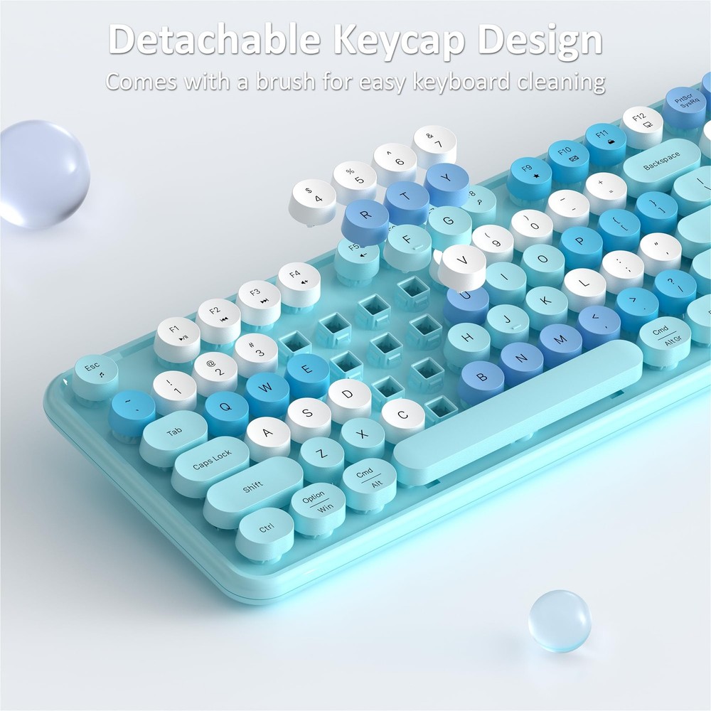 Wireless Keyboard and Mouse Full Size Retro Typewriter Round Keycaps Blue