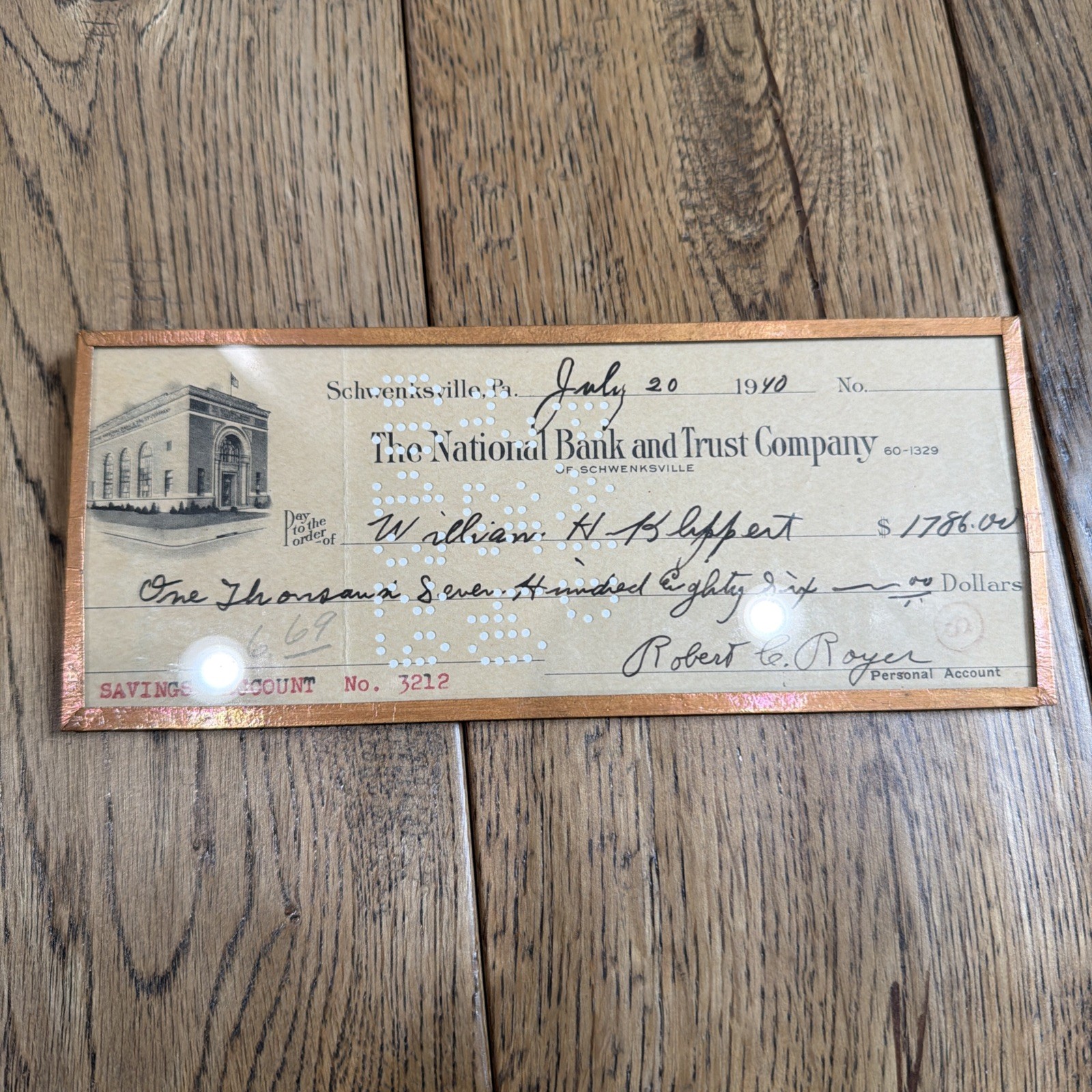 Vintage Framed 1940 National Bank & Trust Schwenksville Personal Check