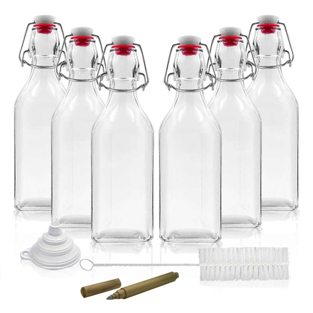 Nevlers 8.5 Oz. Airtight Glass Swing Top Bottles + Accessories (Pack of 6)