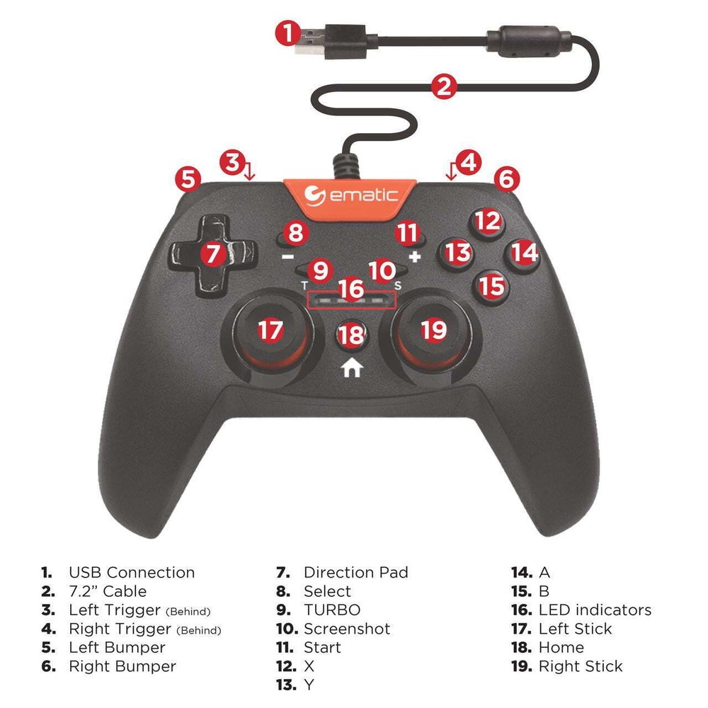 Restored Ematic Black Handheld Wire Gaming Controller for Nintendo Switch
