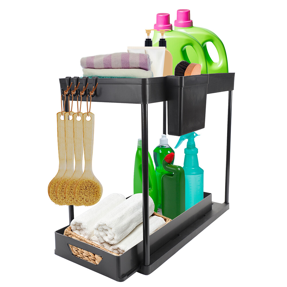 Compact Pull-Out Under Sink Organizer, 2-Tier Cabinet Rack, 2 Pack for Storage
