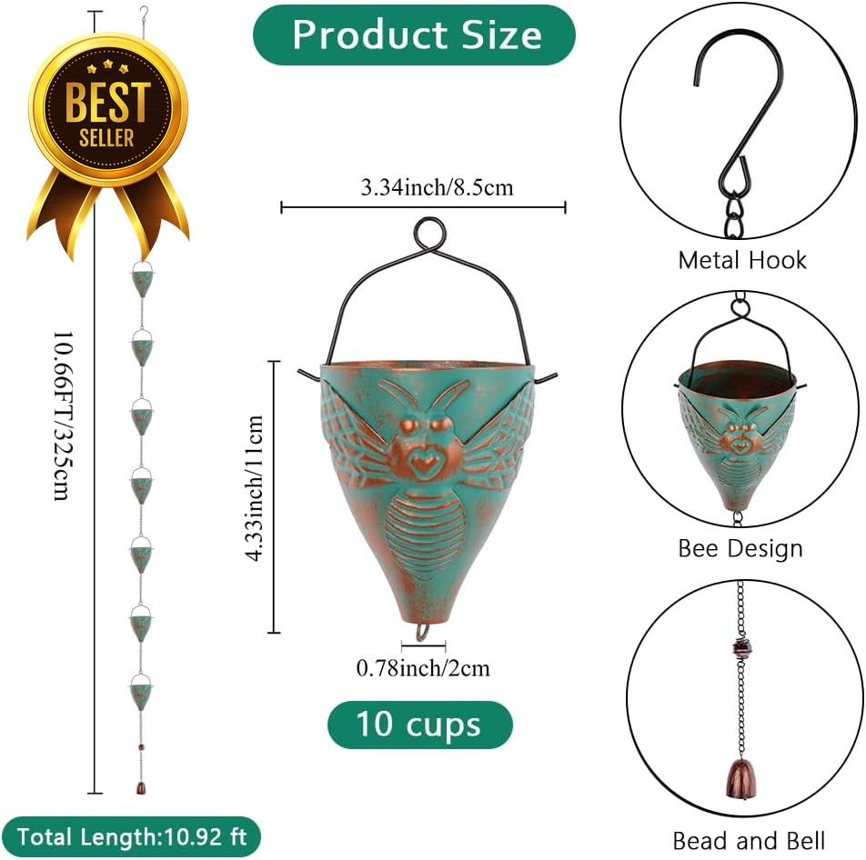 10ft Rain Chain Bee Cup Gutter Downspout Replacement Adjustable Drain Chain