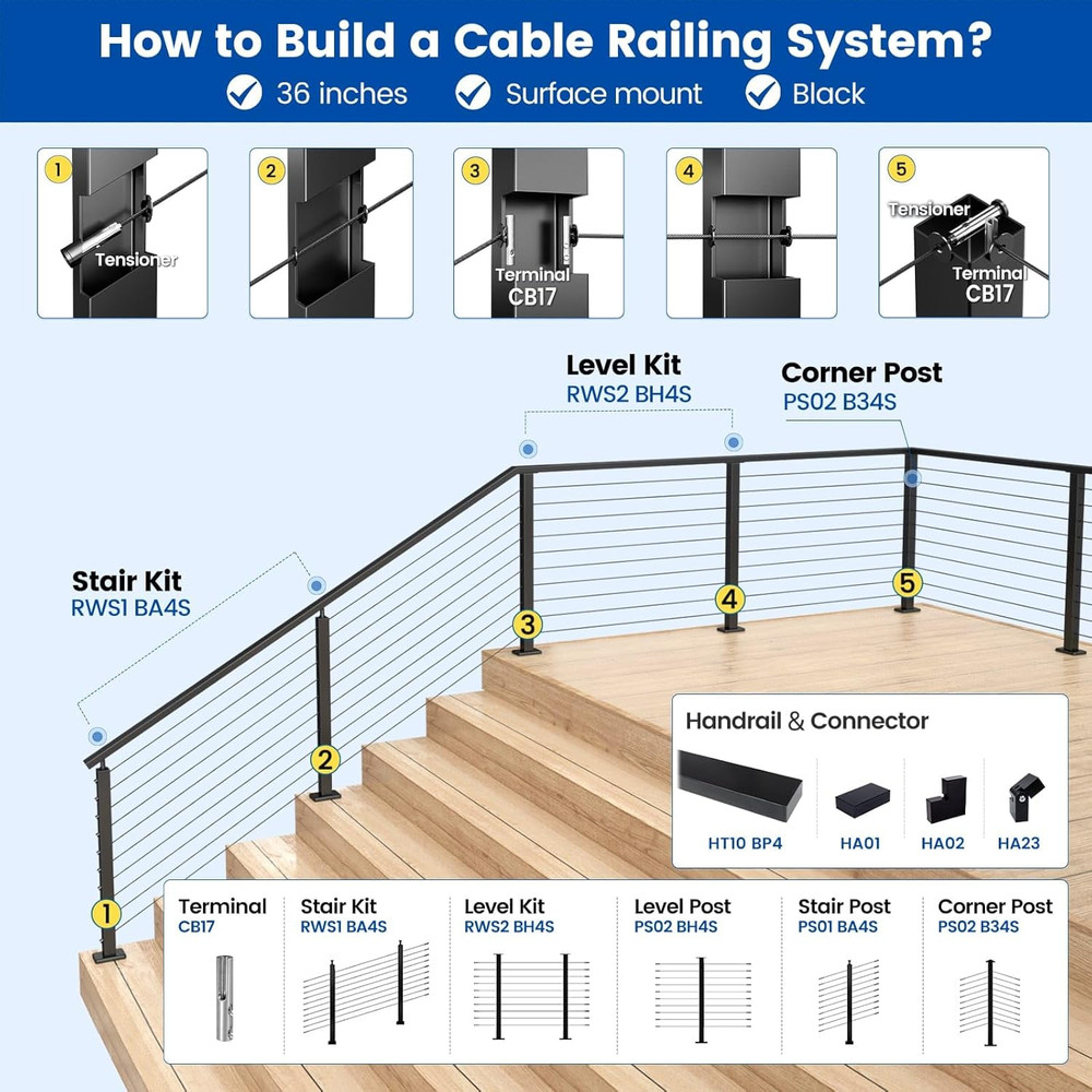 Black Cable Railing Post 36 Inch 36"X2"X2" Level Drilled Surface Mount T304 Stai
