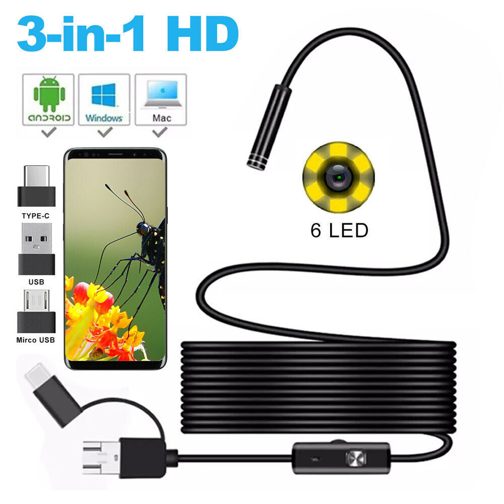 3in1 HD Endoscope Camera Micro Inspection Borescope Camera IP67 for Android PC